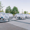 social distancing yoga domes by Lmnts Outdoor Studio. Image Courtesy of Lmnts Outdoor Studio