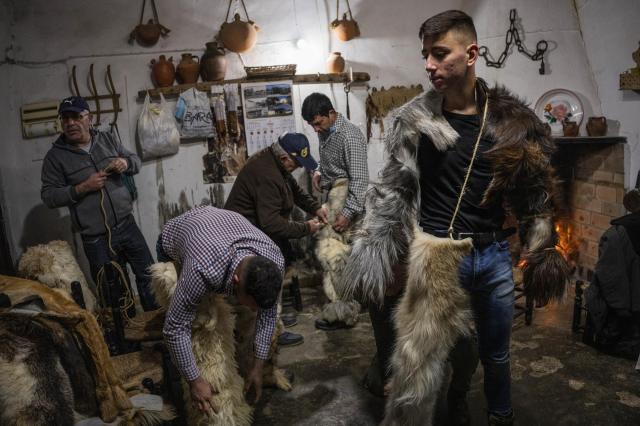 Men prepare themselves before taking part in "Las Carantonas" festival in Acehuche, southeast Spain, Thursday, Jan. 20, 2022. Looking like wild beasts, the "Carantonas" costumes are handmade from goats and usually are handover from one generation to the next one. The catholic religious festivity honours Saint Sebastian, the town's patron saint. (AP Photo/Bernat Armangue)