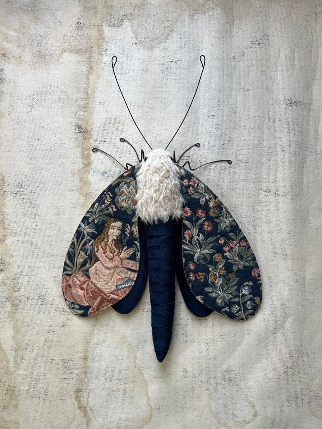 A photograph of a plush moth with a lady embroidered upon its wings