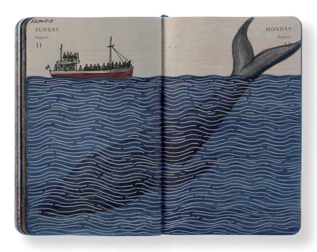 a sketchbooks spread with a drawing across both pages of a whale under the sea and a boat full of people above it