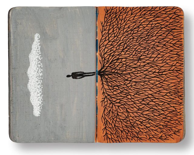 a sketchbook spread with a drawing across both pages of a sideways landscape, where a silhouetted figure stands on orange ground, with myriad roots sprouting from their feet, and a single cloud sits above in a gray sky